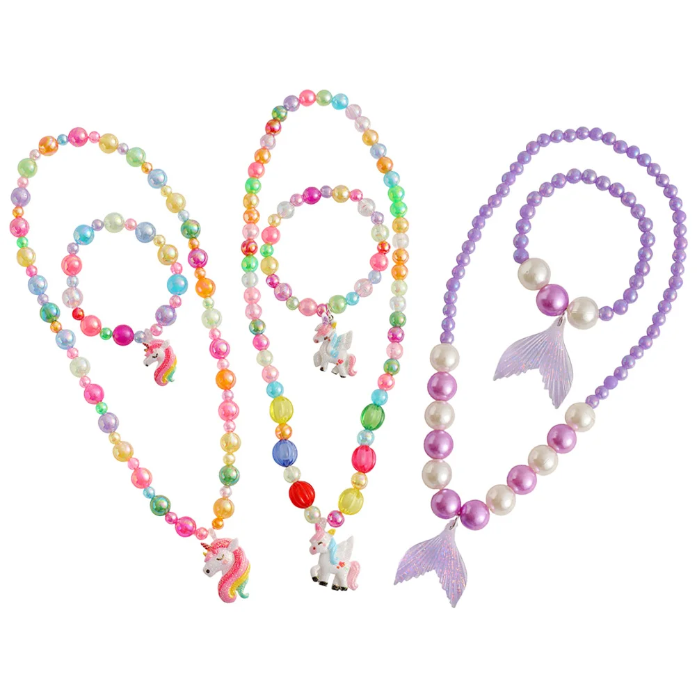 

3Sets Kids Beaded Necklace Bracelet Set Durable Resin Jewelry Stylish Charming Gift for Girls Birthday Party Childrens Jewelry