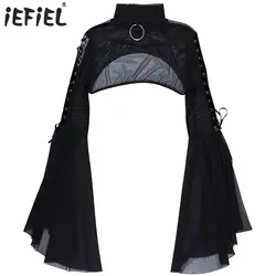 Womens Gothic Punk Flare Sleeve Crop Top Rave Party Cosplay Outfit See-through Mesh Shrug Mock Neck O Ring Lace-up Tops Clubwear