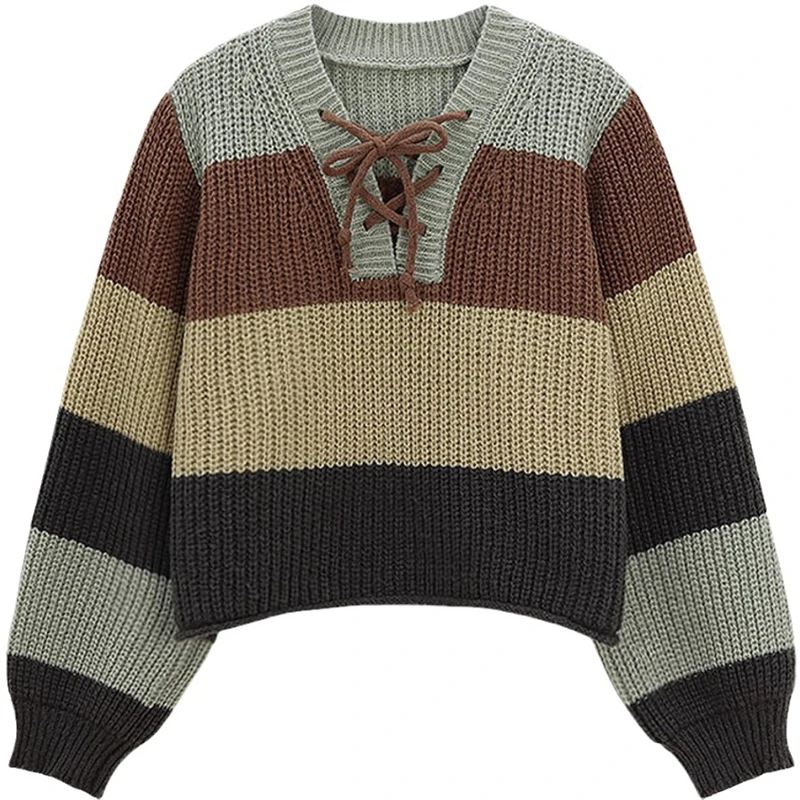 Biyaby Preppy نمط سترة برقبة على شكل v للنساء الدانتيل متابعة كم طويل بلوفر مغزول فضفاض صالح ملابس الخريف 2025 السيدات الموضة #5