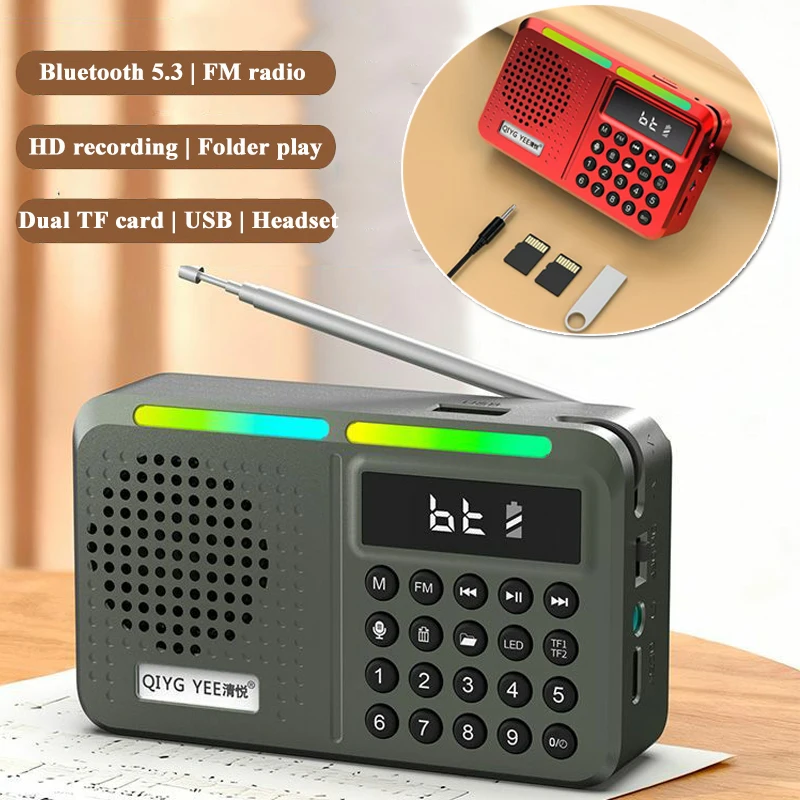 Rádio FM Portátil Miini com Bluetooth e Display, Rádio Digital Recarregável, Reprodutor de Áudio com Suporte para Gravação, USB e Cartão TF Duplo para Carro