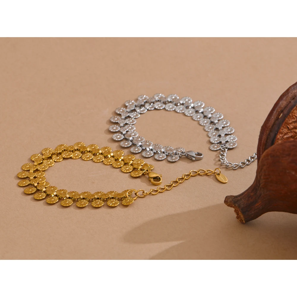 Yhpup  Stainless Steel Coin Flower Chain Fashion Vintage Necklace Bracelet Set Statement Charm Waterproof Gold Color Jewelry