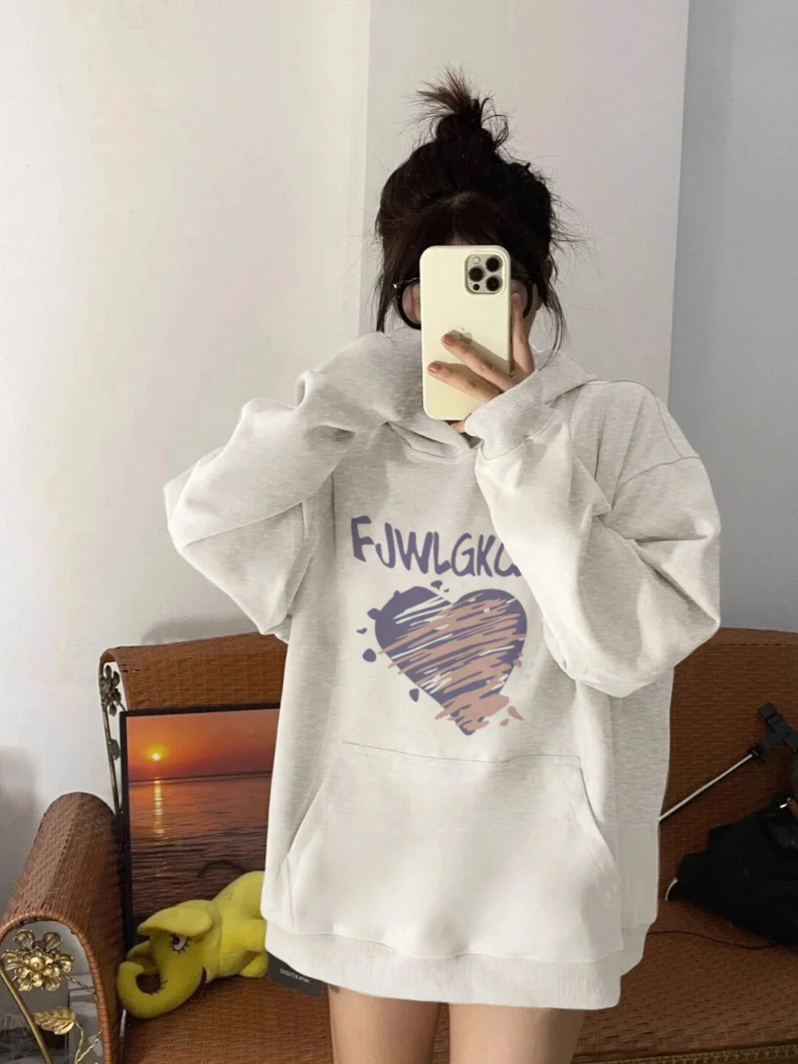 American Style Heart Print Hooded Sweater For Women In Early Autumn Hoodies For Female 2023, New Design Sense, Niche Top