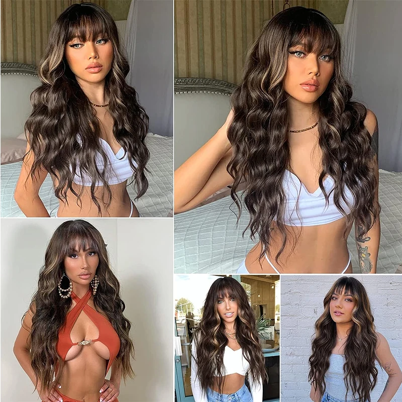 Perucas sintéticas de onda de água com Franja para mulheres, cabelo ondulado longo do corpo, ombre, preto, solto, diário, festa, cosplay, resistente ao calor