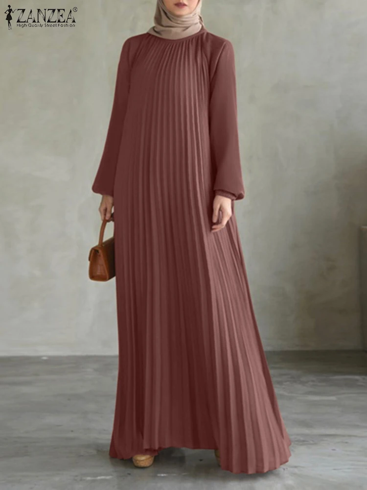 ZANZEA Autumn Pleated Sundress Fashion Women Long Lantern Sleeve Muslim Dress Abaya Islamic Maxi Robe Dubai Hijab Dresses Kaftan