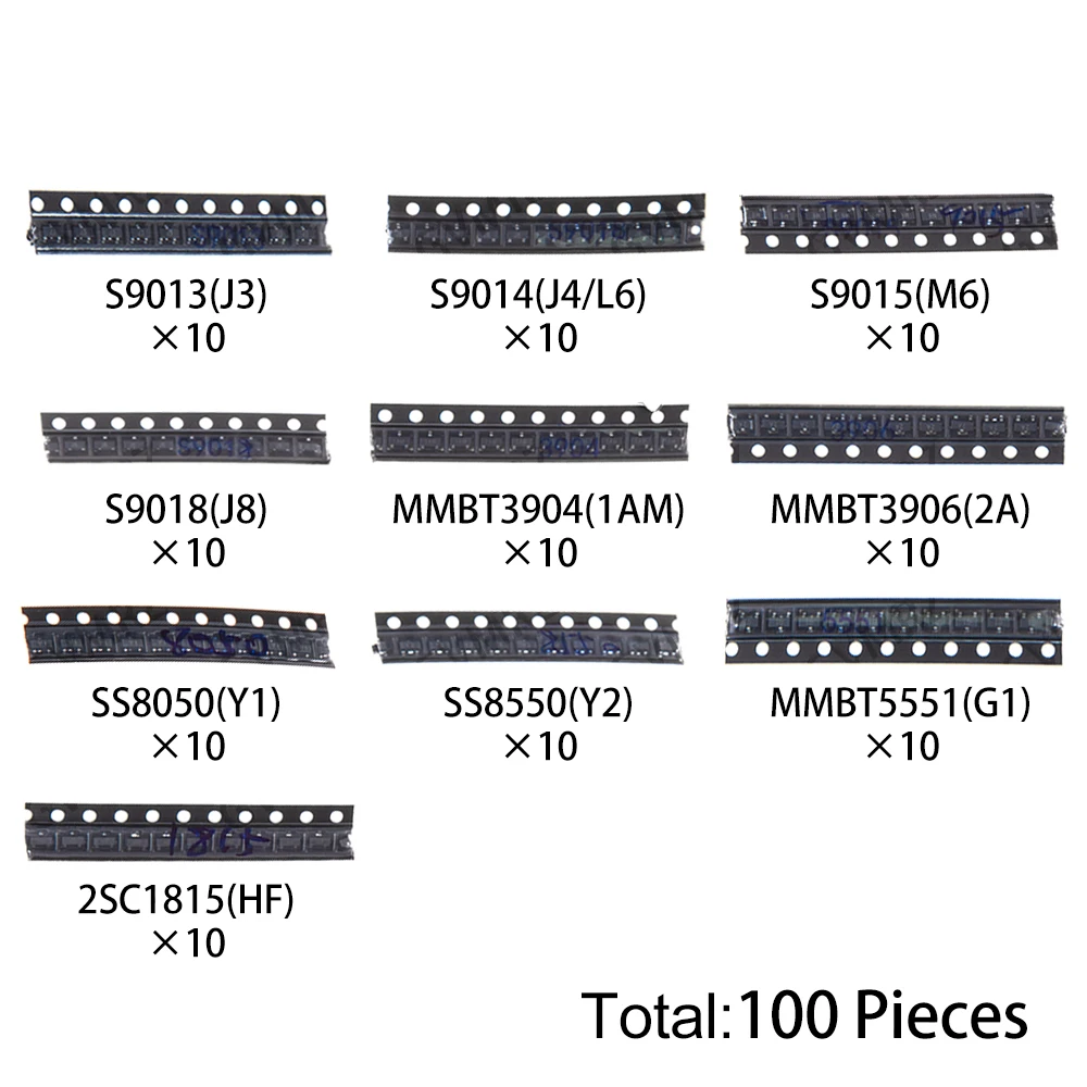 10kinds X10pcs=100pcs  MMBT3906 SS8050 SS8550 SOT-23 SMD Transistor KIT S9013 S9014 S9015 S9018 MMBT3904 2N5551 2SC1815