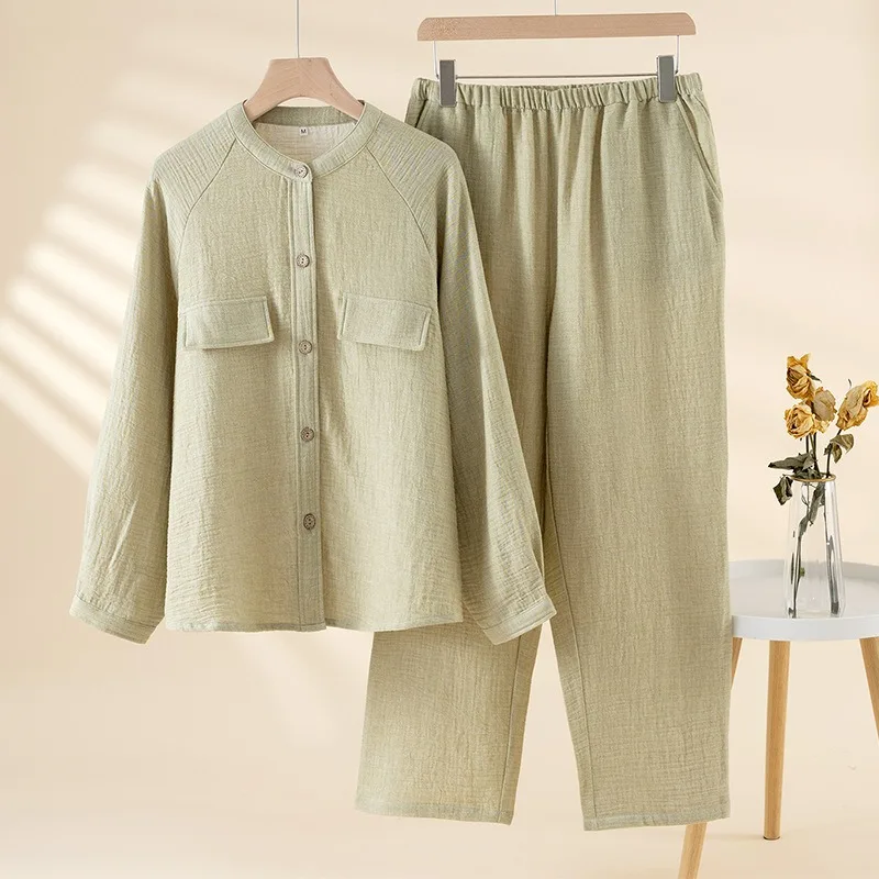 2025 Cotton and Linen Pajamas for Women Autumn Long-sleeved Trousers Loungewear Set Stand-up Collar Solid Color Pijama 2 Piece