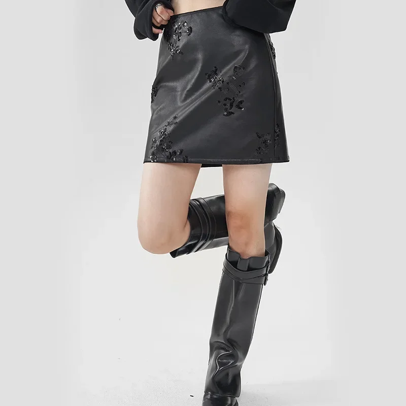 البوب الخريف/الشتاء نمط جديد Bodycon تنورة الترتر التطريز بولي Leather الجلود اقتصاص عالية الخصر الأصلي المتخصصة تصميم العصرية نصف S