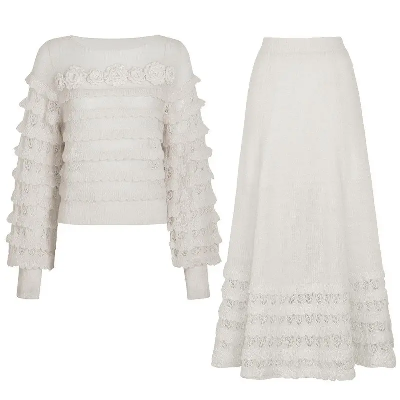 

Elegant High Quality Knitted Top And A-Line Skirt Set Spring Autumn Fashionable Half Body Ensemble Quality Fashionable Set