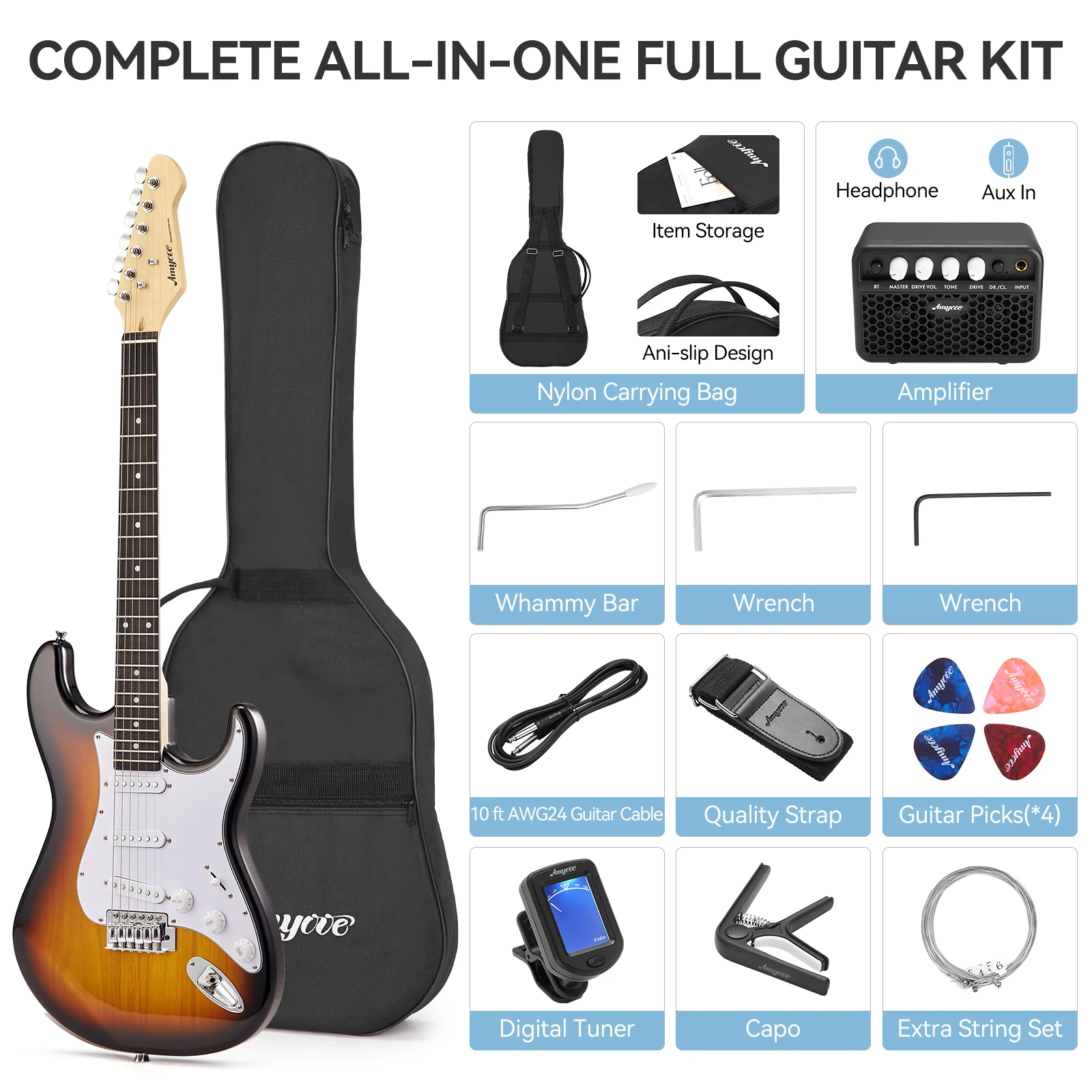 39 Inch Full Size Electric Guitar Kit Solid Body Sunburst Beginner Starter With Amplifier Bag Capo Electric Guitar Starter Set