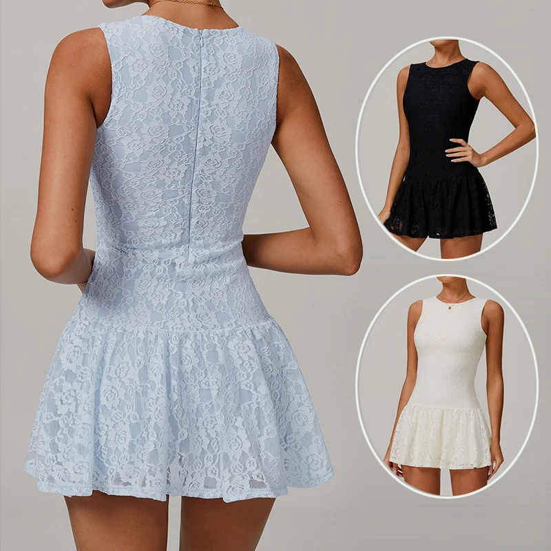 Summer Lace Yoga Tennis Dress Women Sleeveless Slim Yoga Gym Dress Ladies Pleated Quick-Dr Workout Tennis Skirt with Short