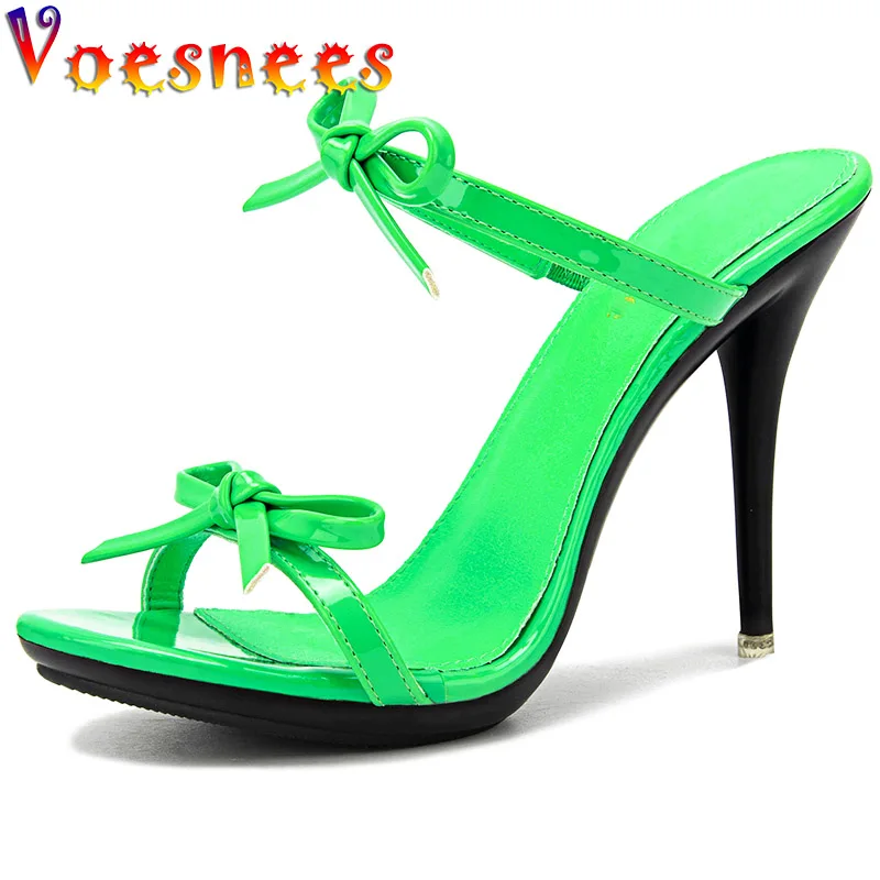 

Voesnees Bowknot Design Women Slippers Summer Outdoor Slides Mules Shoes High Heels Green Hollow Party Dress Sandals Candy Color