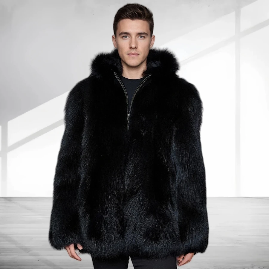 Abrigo de piel de zorro auténtica con solapa, abrigo de piel de zorro Natural de piel completa, chaquetas largas de piel negra para hombre, chaquetas de cuero genuino de alta calidad