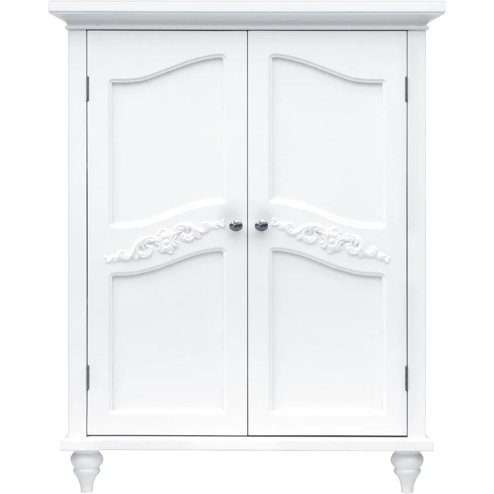 Wooden Freestanding Floor Storage Cabinet with 2 Adjustable Interior Shelves 3 Storage Spaces and 2 Floral Scroll Doors, White