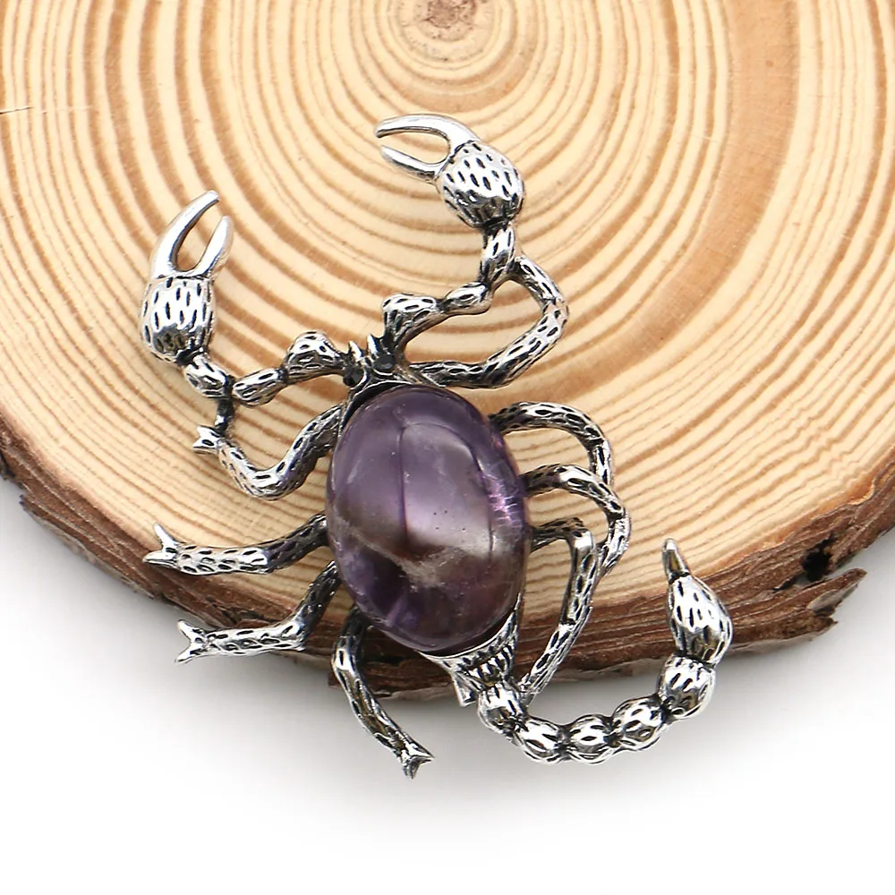

Natural Stone Amethyst Pendant Scorpion Shape Abalone Shell Bule Turquoise Brooch Charms for DIY Gift Jewelry Making Accessories