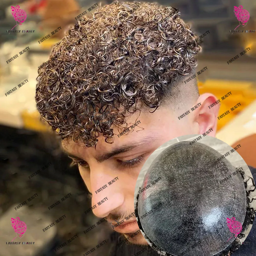 15mm Afro Men's Deep Curl Full Skin Brown Human Hair Replacement Toupee Capillary Prosthesi Easy Install Hairpiece for Black Men