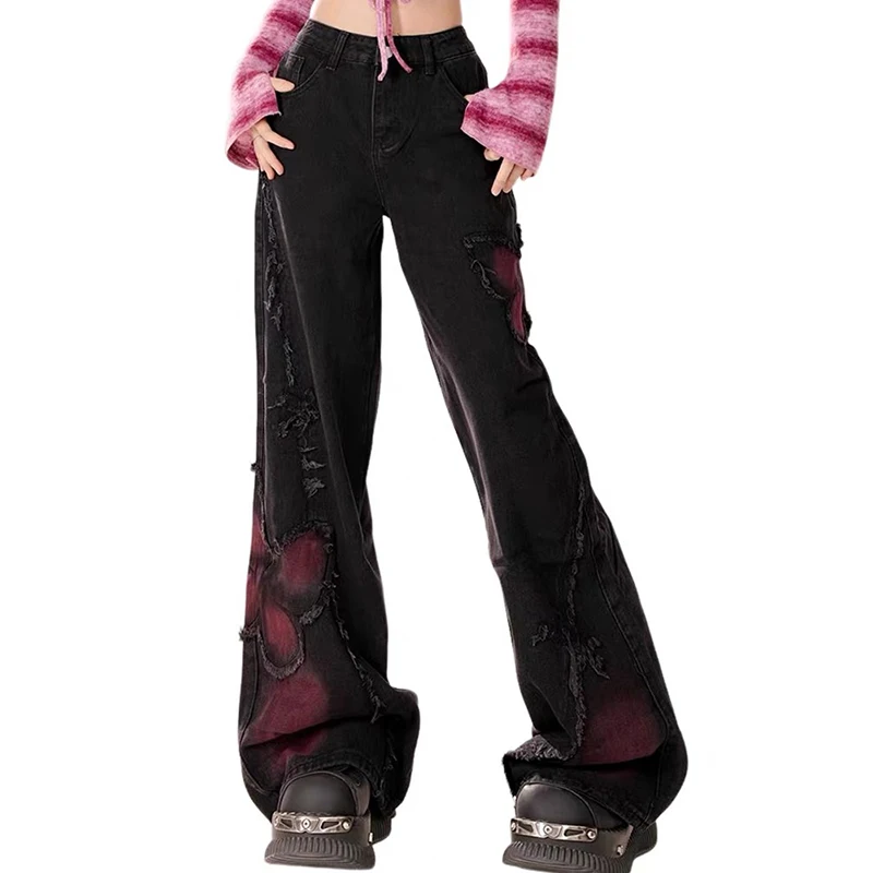 ZHIZOU Jeans larghi a farfalla da donna Pantaloni estetici vintage anni '90 Pantaloni in denim oversize Harajuku Y2k anni 2000 Abiti gotici neri