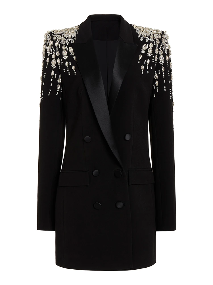 High Street neueste 2024 Designer Jacke Damen Zweireiher Strass Diamanten Perlen lange Blazer Kleid