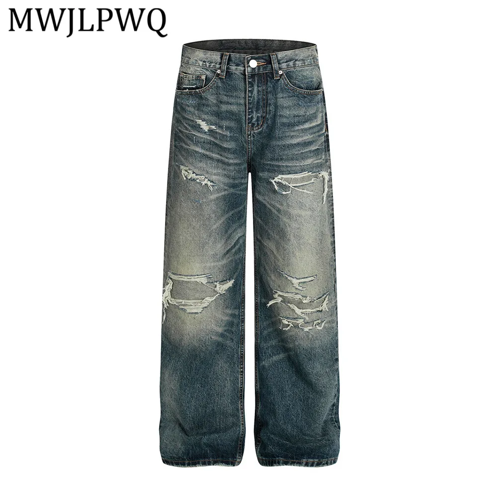 

MWJLPWQ Punk Distressed Washed Jeans Men's Vintage American Gradient Color Niche Loose Fit Straight Wide-Leg Long Pants 15079