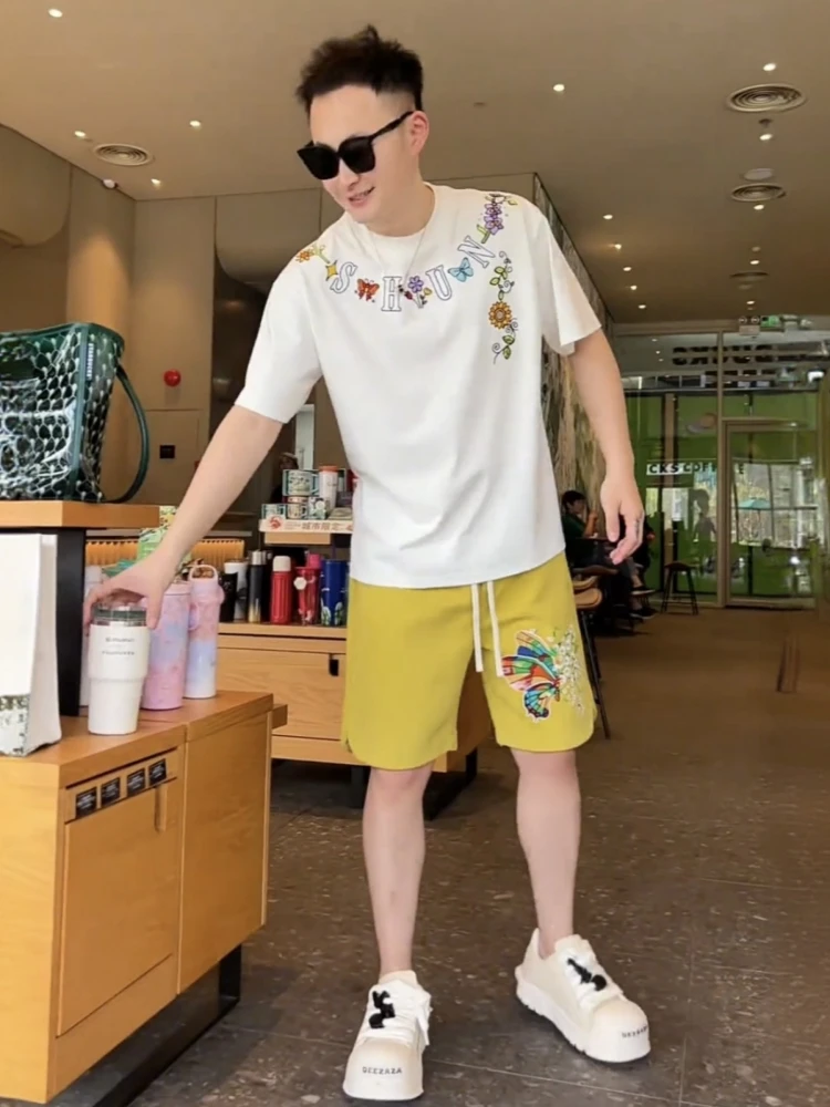 

Летний повседневный спортивный костюм с вышивкой, модный американский бренд, стильный комплект из двух предметов: футболка с коротким рукавом и шорты