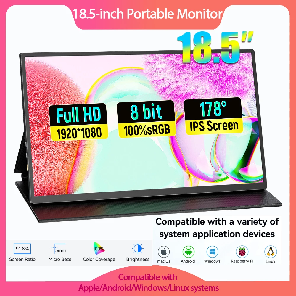 Capa protetora para monitor portátil de 18,5 polegadas e suporte com tela externa, alto-falantes embutidos, display vertical ou horizontal