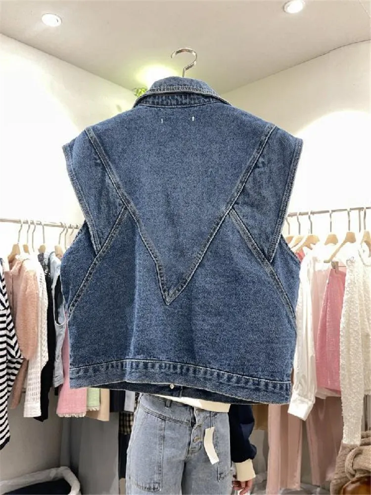 Women Denim Vest Chic Lapel Casual Button Sleeveless Jean Coat Female Solid Color Temperament Tank Top Vintage Fashion Waistcoat