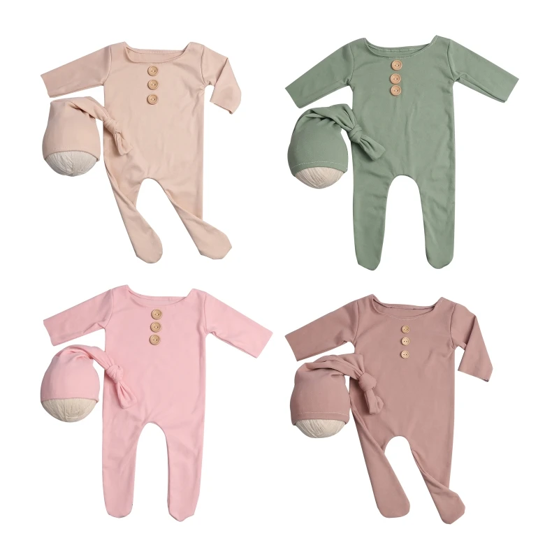 

2Pcs/Set Newborn Baby Long Romper Jumpsuit with Knotted Hat Buttons Solid Color Infant Coverall Photo Photography Prop Outfits