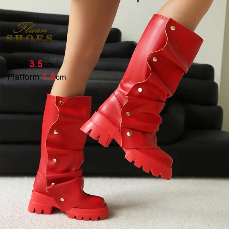 New Foreign Trade Women Shoes New Medium Heel Thick Platform Knee Length Boots Round Toe Metallic Rivet Boots Fashion Long Boots