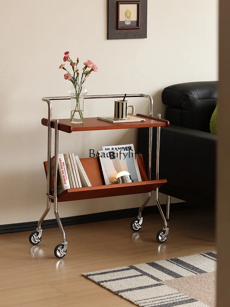 

Retro medieval trolley solid wood edge table movable coffee table rack