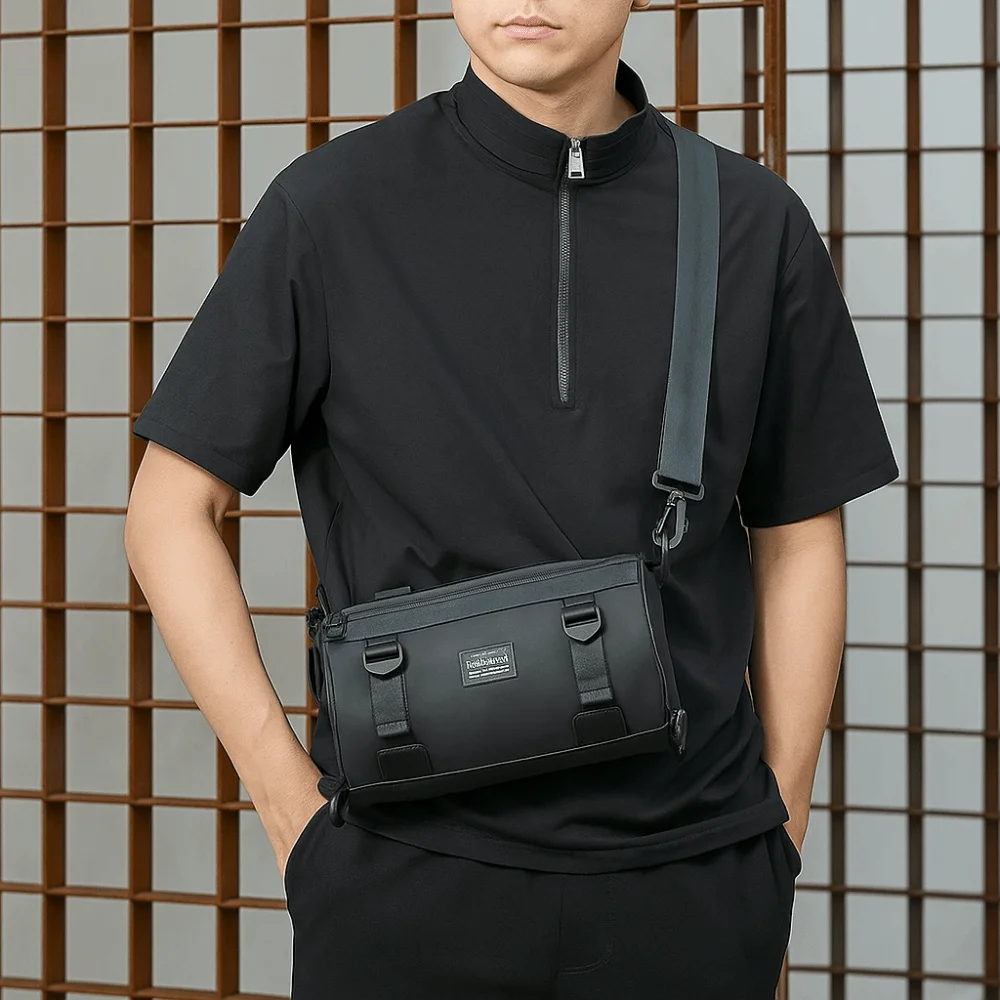 

Solid Color Men Cylindrical Bag Large Capacity Wide Strap Canvas Crossbody Bag Multifunctional Japanese Style