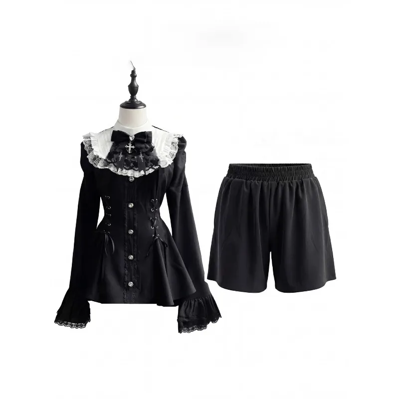 Women Gothic Punk Lolita Dress,Black Trumpet Sleeve Corset Gown,Sweet Halloween Cosplay Costumes,Role Play Stage Performance Set