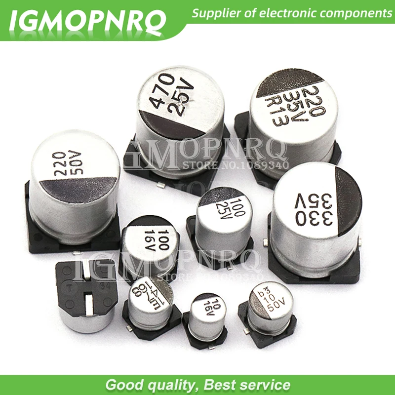 10pcs SMD 6.3V 10V 16V 25V 35V 50V Aluminum Electrolytic Capacitor 1UF 2.2UF 10UF 22UF 33UF 47UF 100UF 220UF 330UF 470UF 1000UF