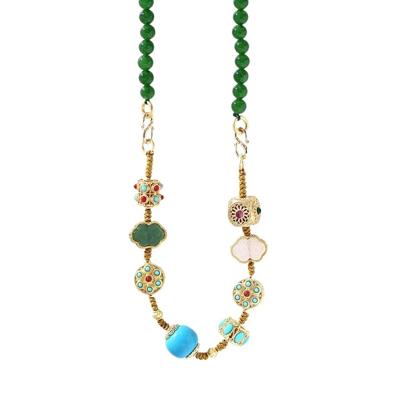 

French Chinese Style Retro Emerald Round Bead Turquoise Agate Auspicious Cloud Long Necklace Sweater Chain