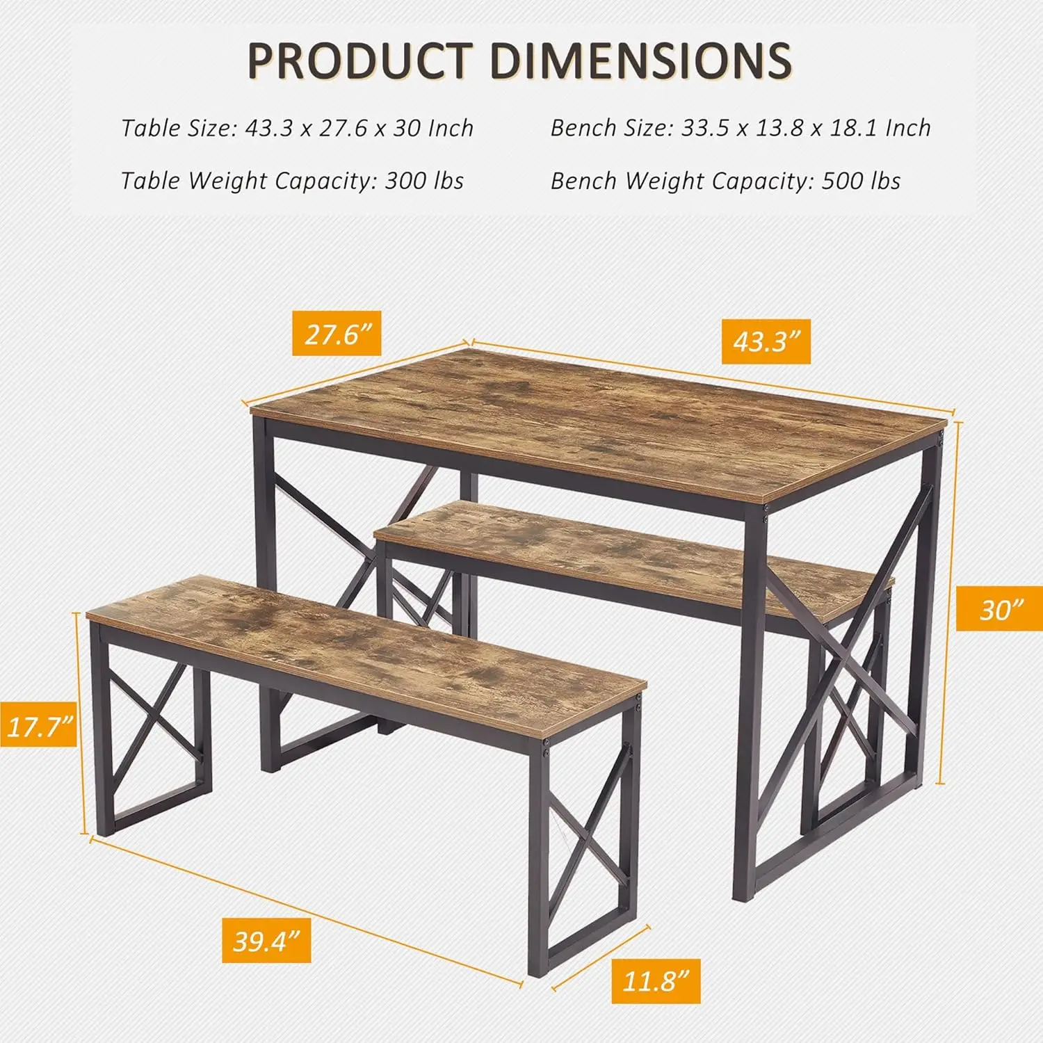 VECELO Kitchen Table with 2 Benches for 4, 4Dining Room Dinette Sets with X Metal Frame for Breakfast Nook and Small Space, Brow