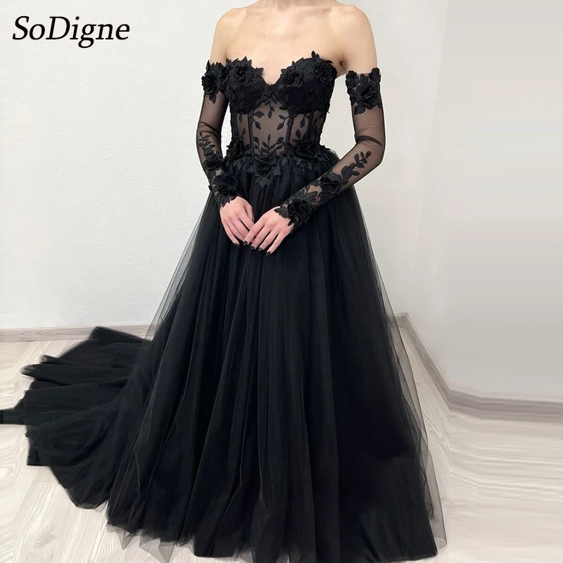 

SoDigne Fantasy Gothic Black Wedding Dress Sweetheart Appliques Bride Dress Tulle Bridal Gown Halloween Customized Women Bride