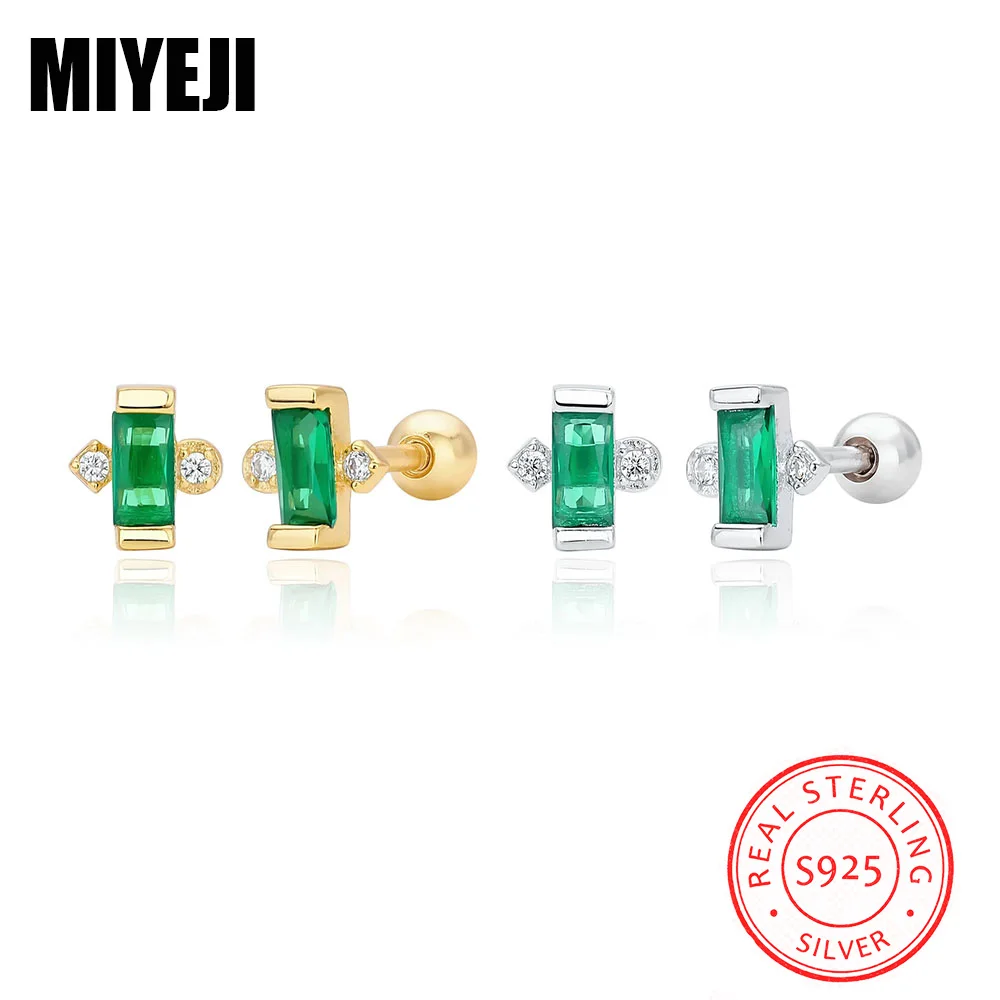 MIYEJI Real 925 Sterling Silver Emerald Zircon Bead Screw Mini Stud Earrings For Women Party Daily Wear Fine Jewelry Accessible