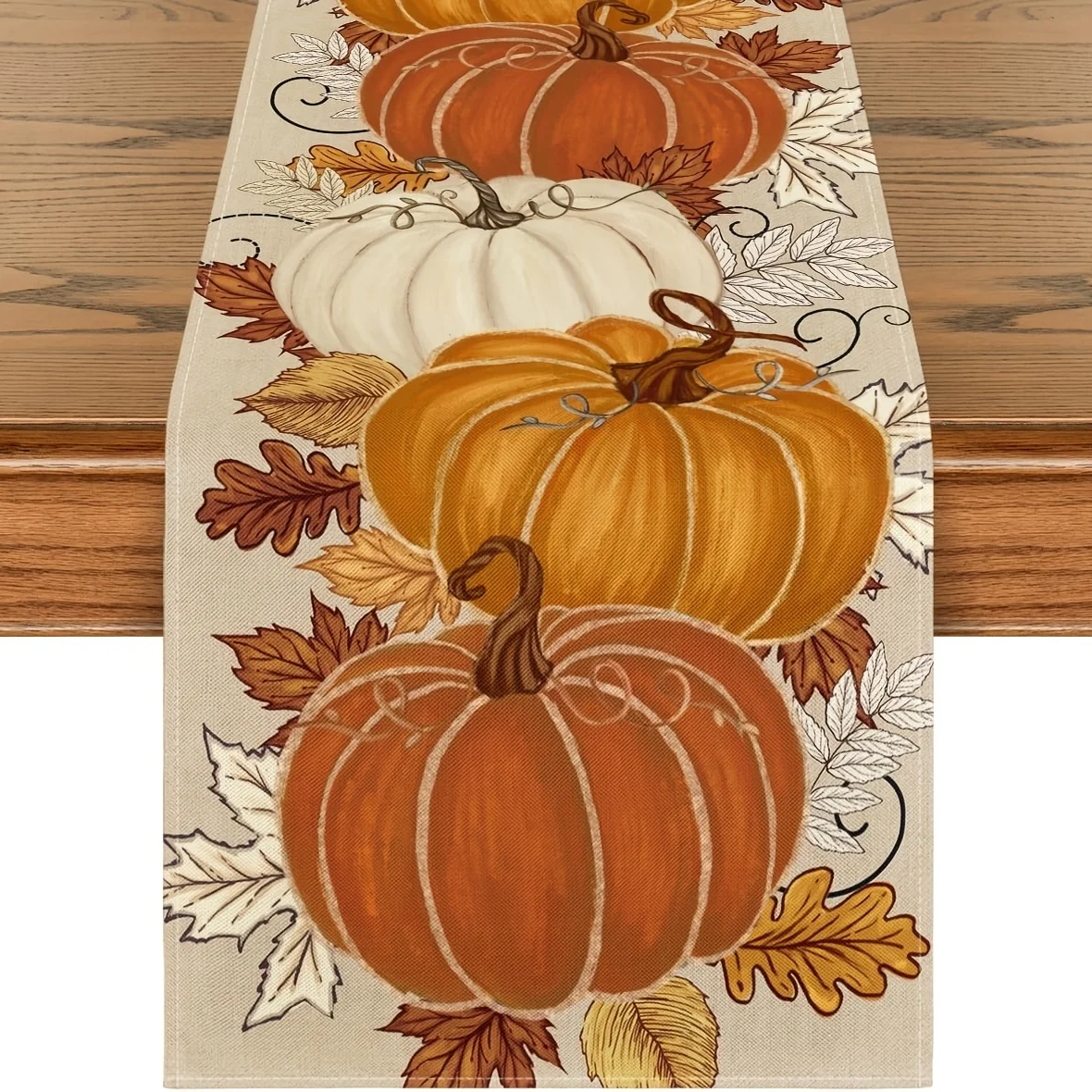 Fall Thanksgiving Table Runner, Pumpkin Maple Leaf Print, Table Runner for Dining Table Mantel, Thanksgiving Decor
