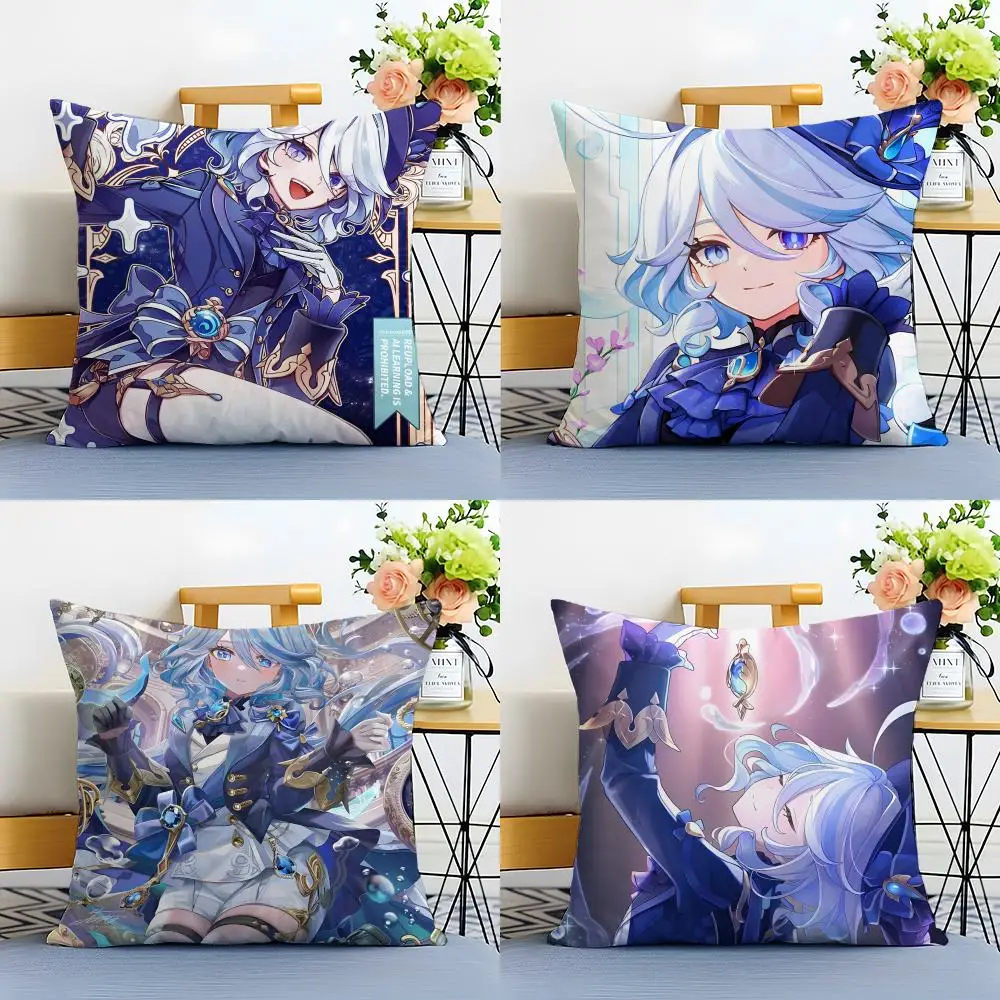 Game Genshin Furina Cushion Cover Washable Linen Pillowcase Soft  for Sofa Bed Cozy Home Room Decor