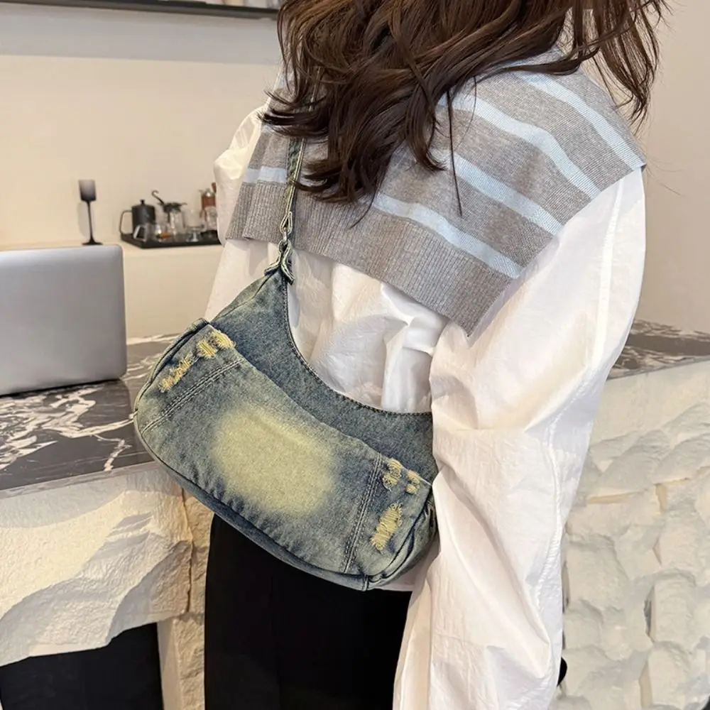 

Leisure Casual Cowboy Dumpling Bag Adjustable Strap American Style Casual Underarm Bag Retro Harajuku Denim Tote Bag Commuting