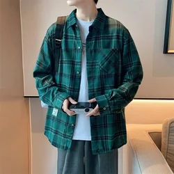 2024 New Men Oversized Shirt Long Sleeve Single Breasted Male Plaid Shirt Korean Style Fashion Vintage Clothes Green Streetwear