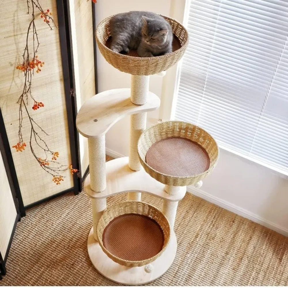 Solid Wood Cat Tree, Wooden Multi-Layer Tower, Sisal Scratching Post, 3 Woven Baskets, Indoor Cats, 54