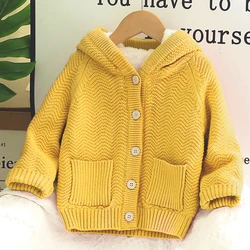 2024 Winter New Boys Sweater Jacket Lining Plus Velvet Thicken Keep Warm Hooded Overcoat For 1-8 Years Girls Knit Cardigan