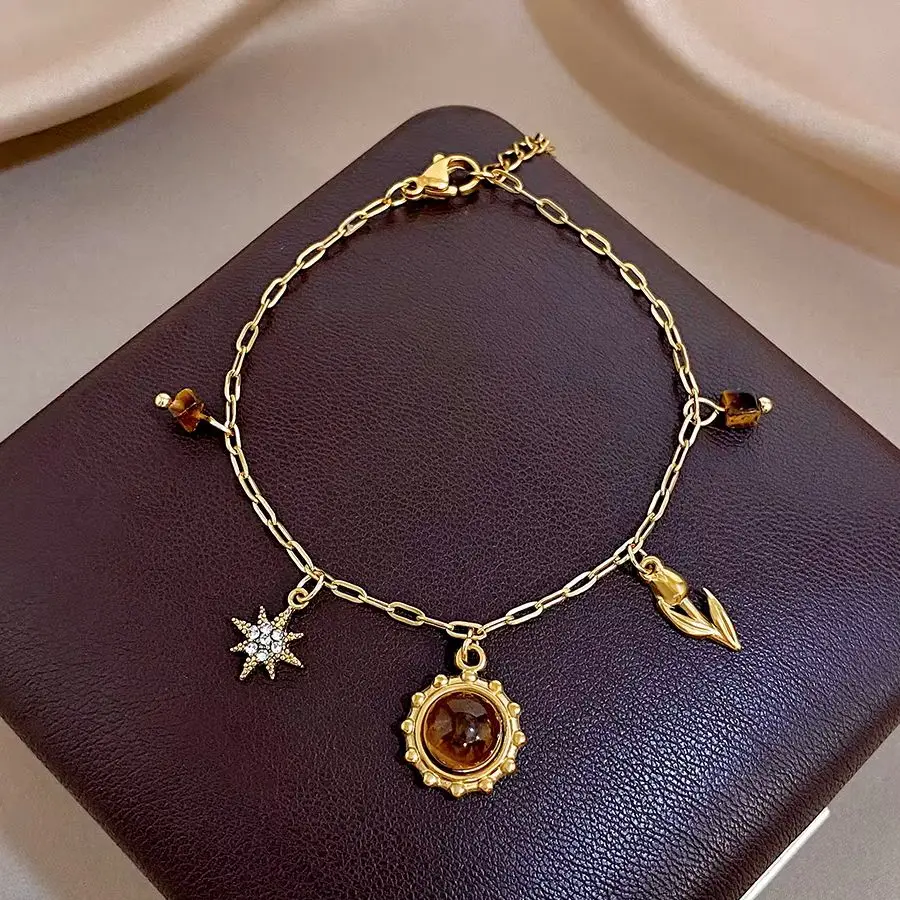 Freetry Classic Stainless Steel Thin Chain Bracelet Women Inlaid Tiger Eye Stone Sun Star Flower Pendant Bracelet Jewelry Gift