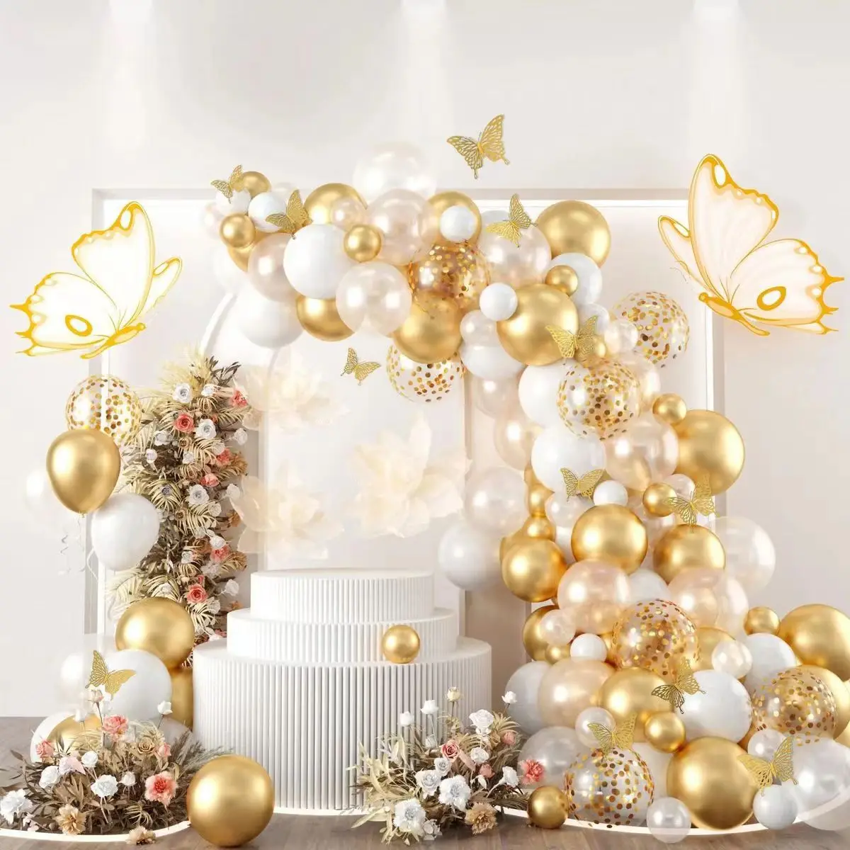 111Pcs Gold Pearl Balloon Chain Set Butterfly Theme Wedding Birthday Party Wedding Room Decoration Balloon Set