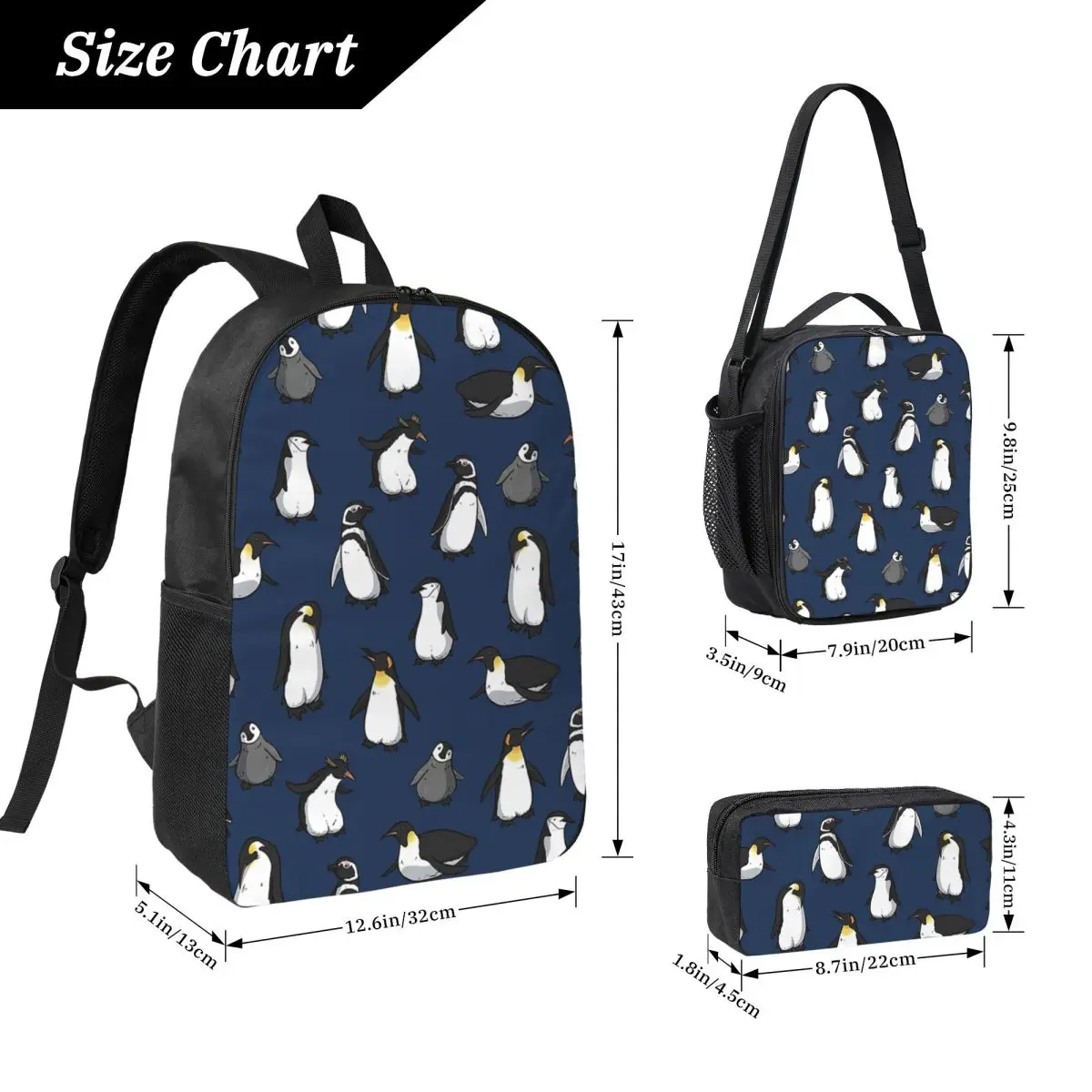 

Cute Penguin Pattern Dark Blue Variant Backpack BookBag School Bag Computer Shoulder Bags 3ps Insulated Lunch Bag Pencil Case