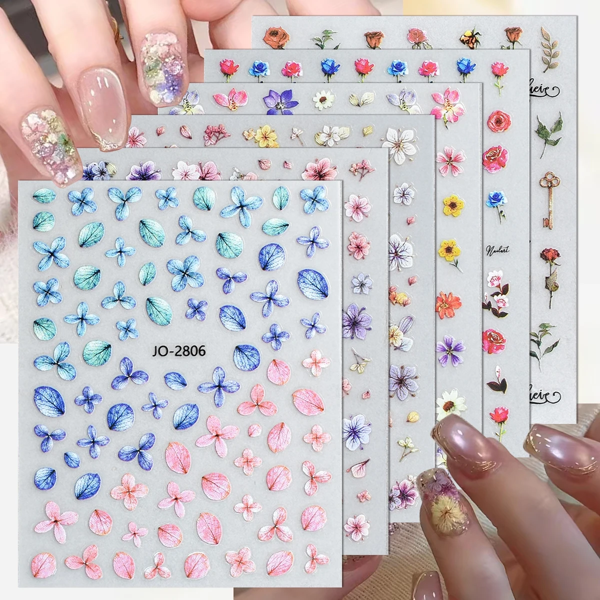 3/6/12/18/24/30 Blatt 3D Blumen-Nagelaufkleber Selbstklebende Florale Nagelsticker Hortensien-Blütenblatt Rosen-Nagelkunst-Dekoration