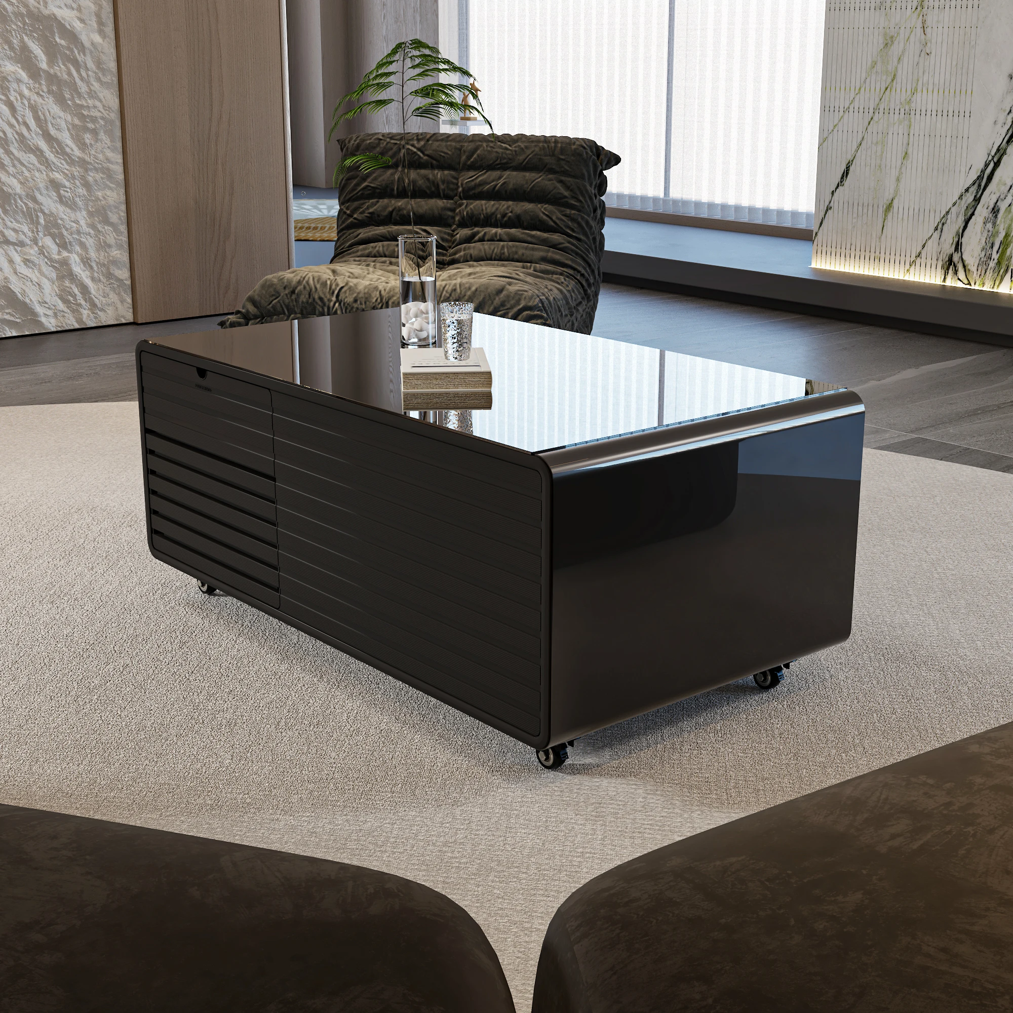 2026 New Product Frozen Smart Coffee Table Black Color Tempered Glass Refrigerator Beverage Storage Table