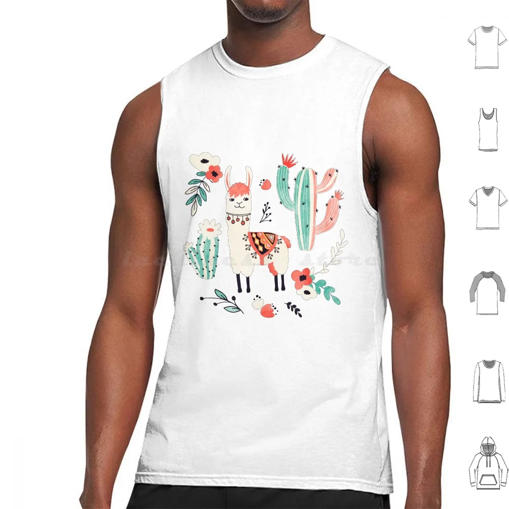 White Llama With Flowers Tank Tops Vest Sleeveless Cactus Cacti Llama Flower Whimsical Animal Aloe Desert Green Natural