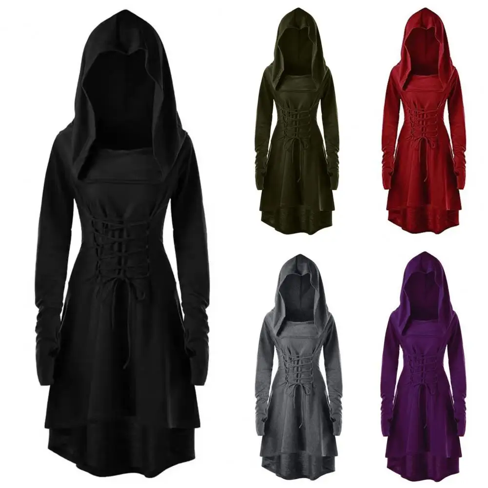 Women Cosplay Dress Gothic Lace Strap Slim Waist Irregular Hem Hooded Theme Parties Role-Playing Festival Halloween Midi Dress