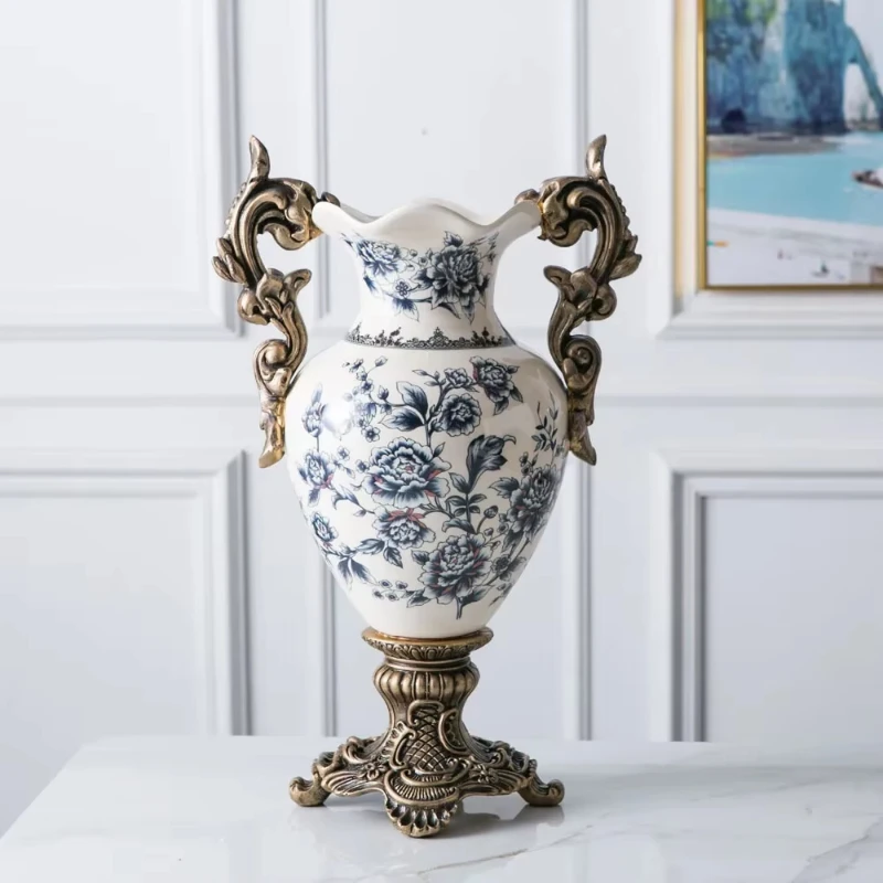 Creative European Trophy Shaped Floor Ceramic Vase Crafts  Vintage Home Decorative Vase Tabletop Vase with Two Handles