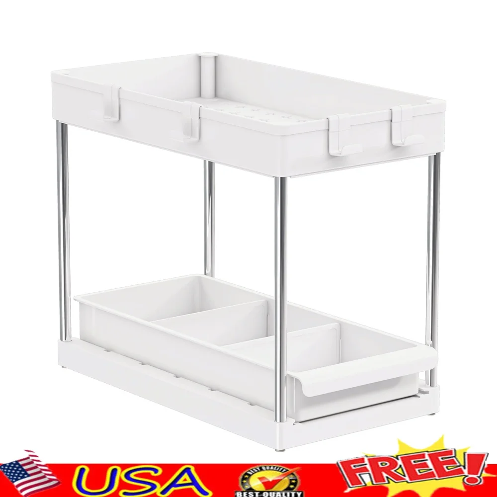 

Multipurpose 2 Tier Storage Shelf with Sliding Drawer and Hanger Hooks Efficient Kitchen Organization